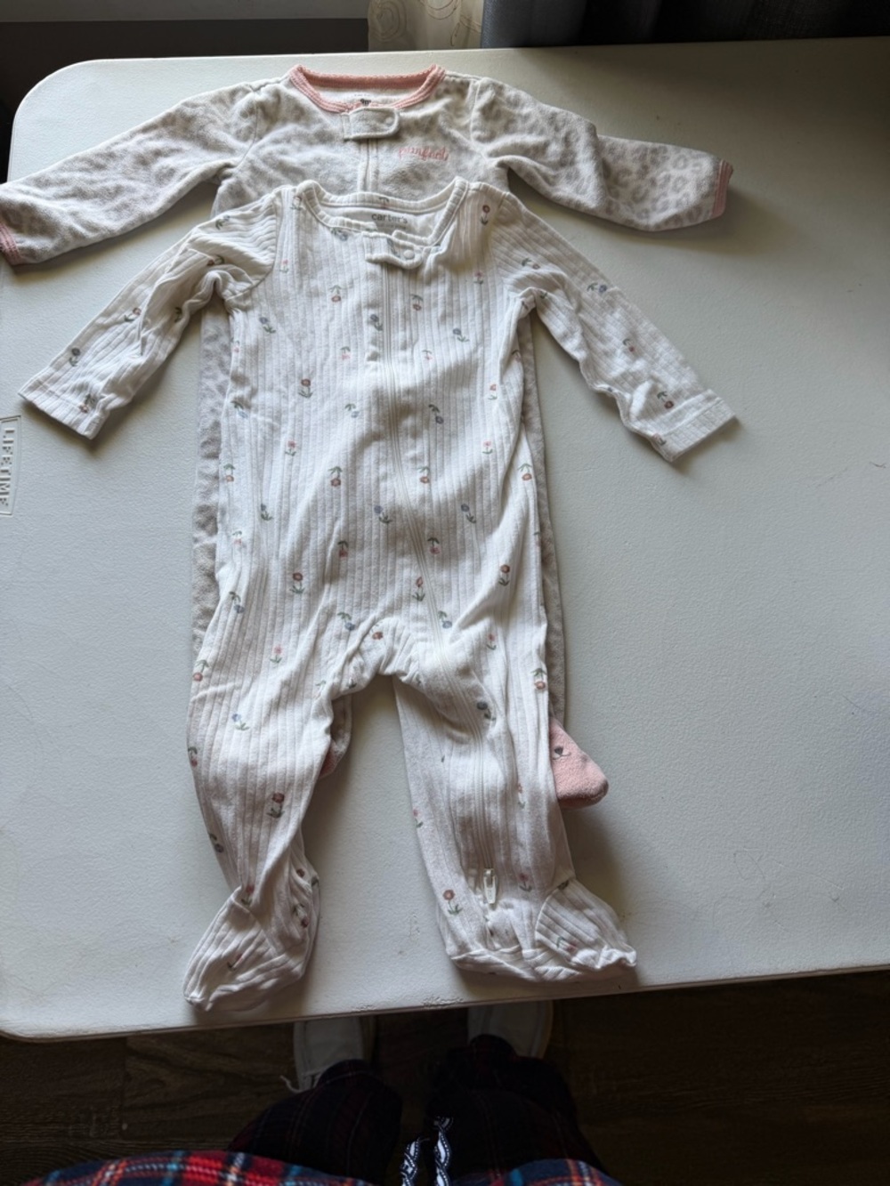 Carter's Cream and Pink Floral Ribbed Footed One-Piece 9 months